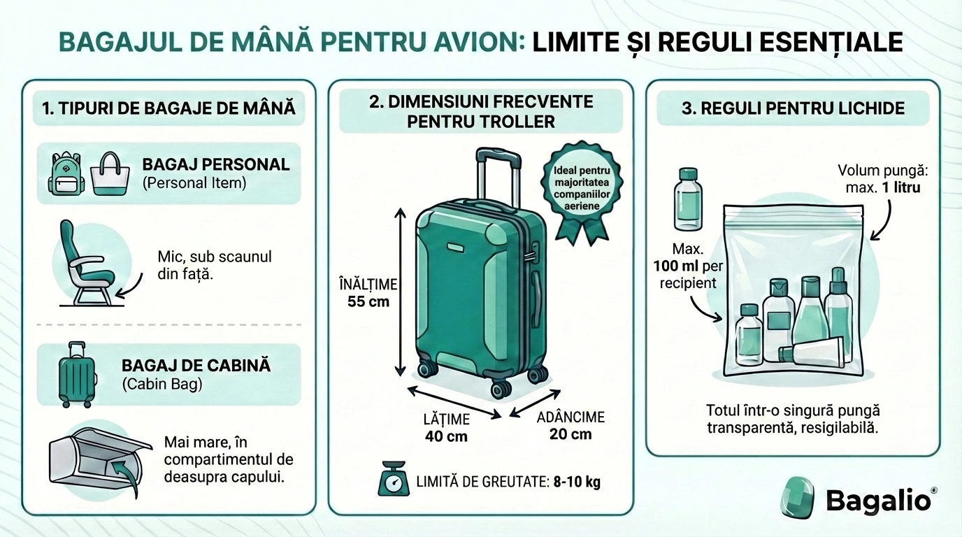 Infografic: Dimensiunile bagajului de mână și regulile pentru lichide în avion.
