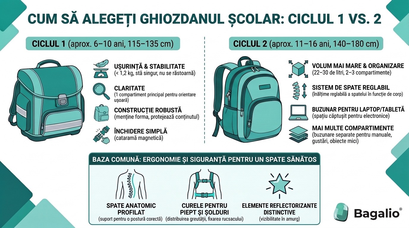 Infografic: Comparație între ghiozdanele școlare pentru calea primară și gimnaziu dup