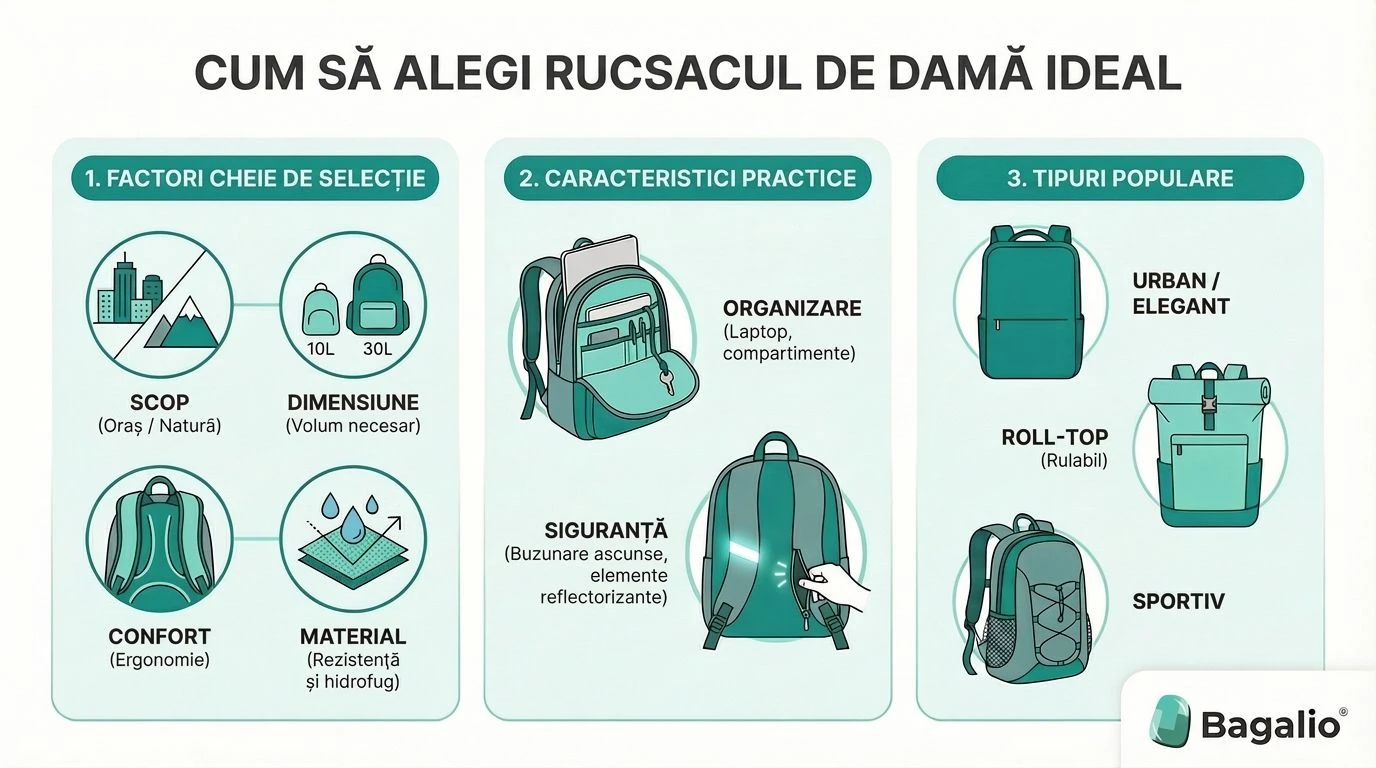 Infografic: Cum să alegi rucsacul de damă ideal în funcție de mărime, material și tip