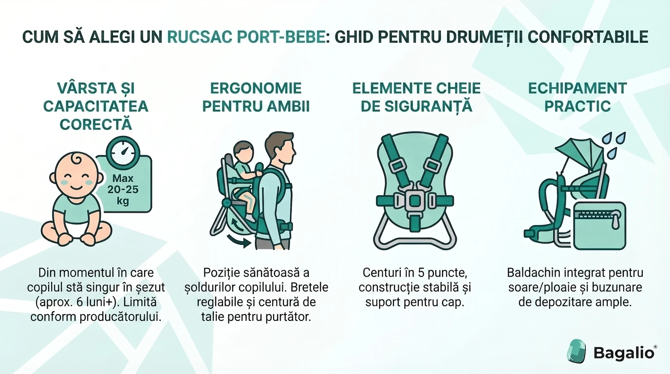 Infografic cu sfaturi despre cum să alegi marsupiul potrivit pentru copil: tipuri de marsupii, reglarea curelelor și o poziție sigură a copilului.