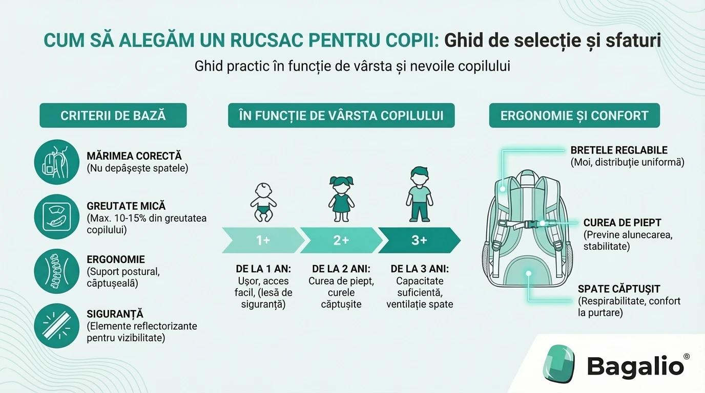 Infografic: Cum să alegeți un rucsac pentru copii în funcție de vârstă, ergonomie și siguranță.