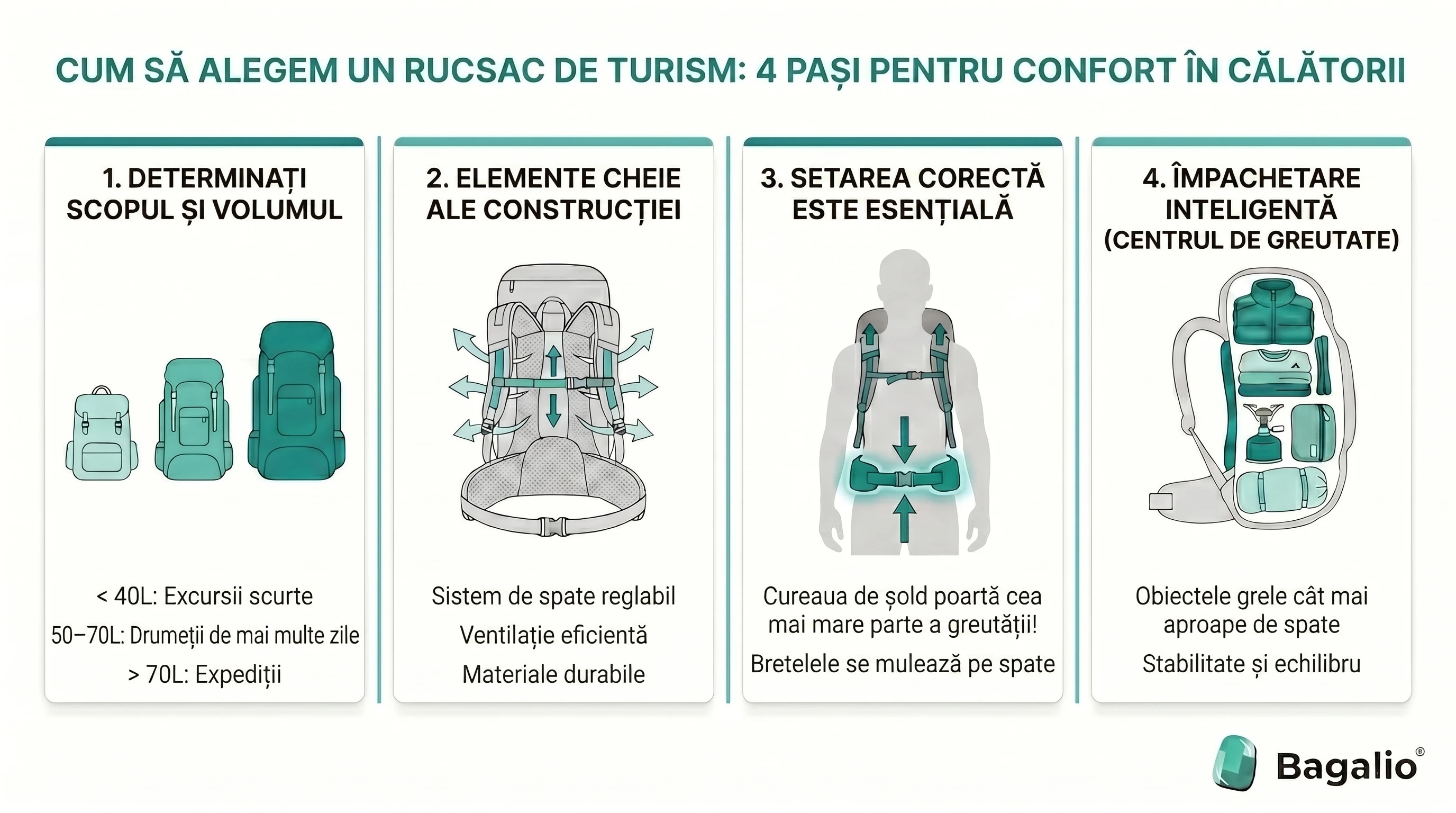 Infografic: cum să alegeți un rucsac de trekking în 4 pași – volum, construcție, reglare și organizare