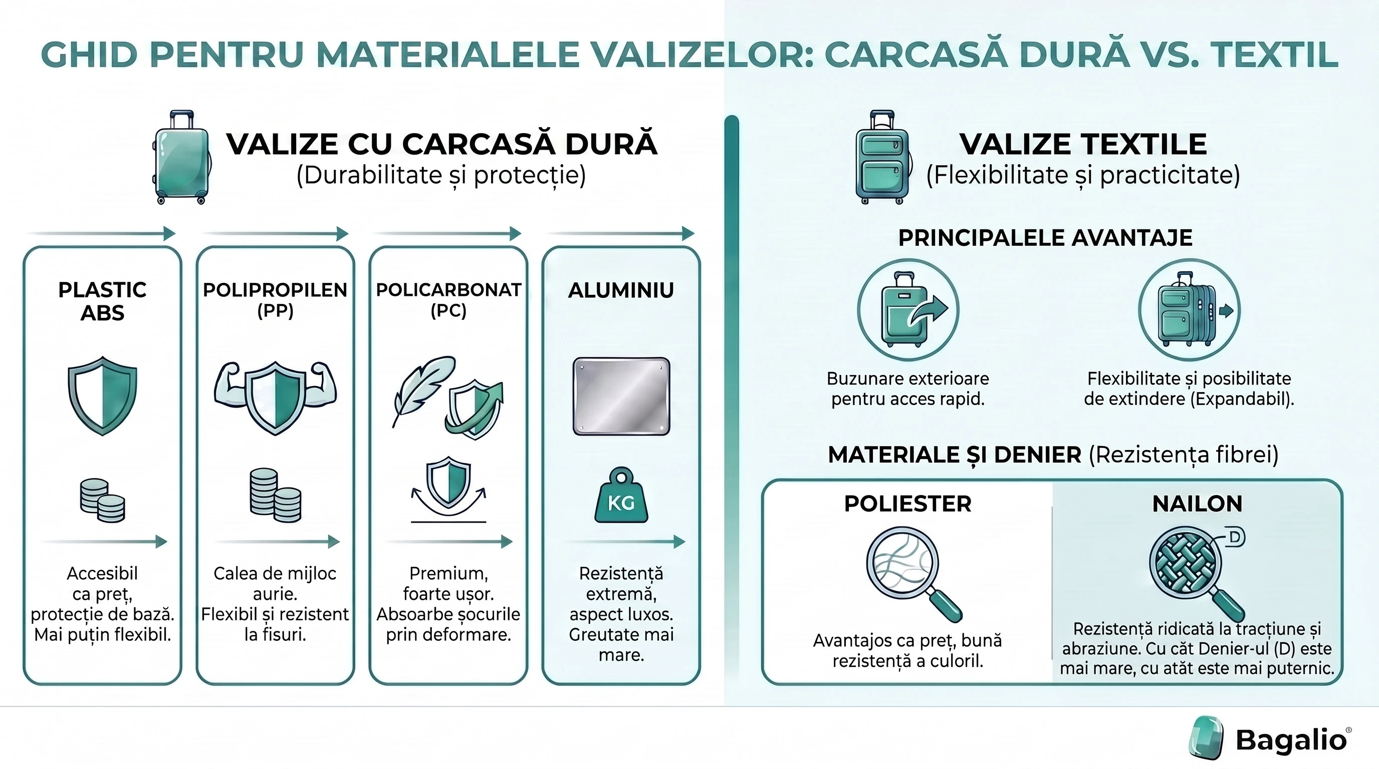 Infografic care compară materialele valizelor: carcasă dură (ABS, polipropilenă, policarbonat, aluminiu) și textil (poliester, nailon)