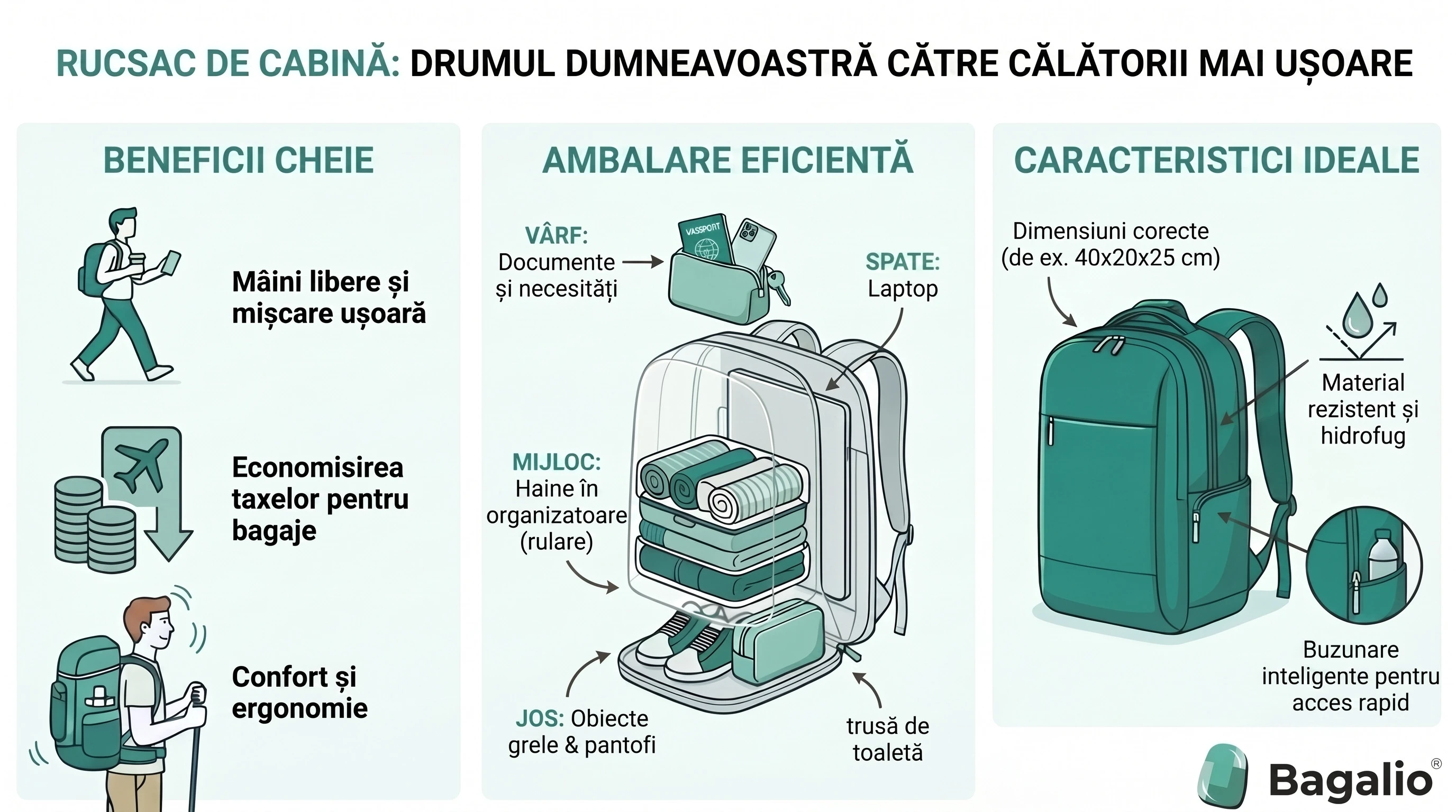 Infografic: rucsac de cabină ca alternativă la valiză – avantaje, organizare și dimensiuni