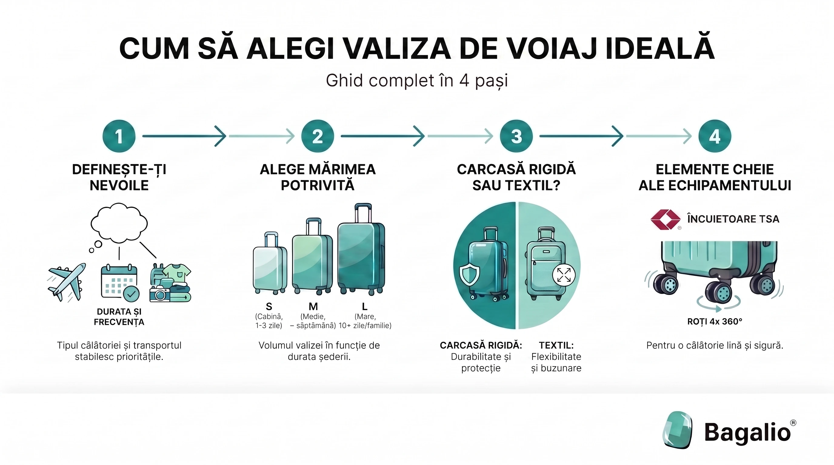 Infografic: cum să alegeți o valiză de călătorie în 4 pași – nevoi, mărime, material și dotări