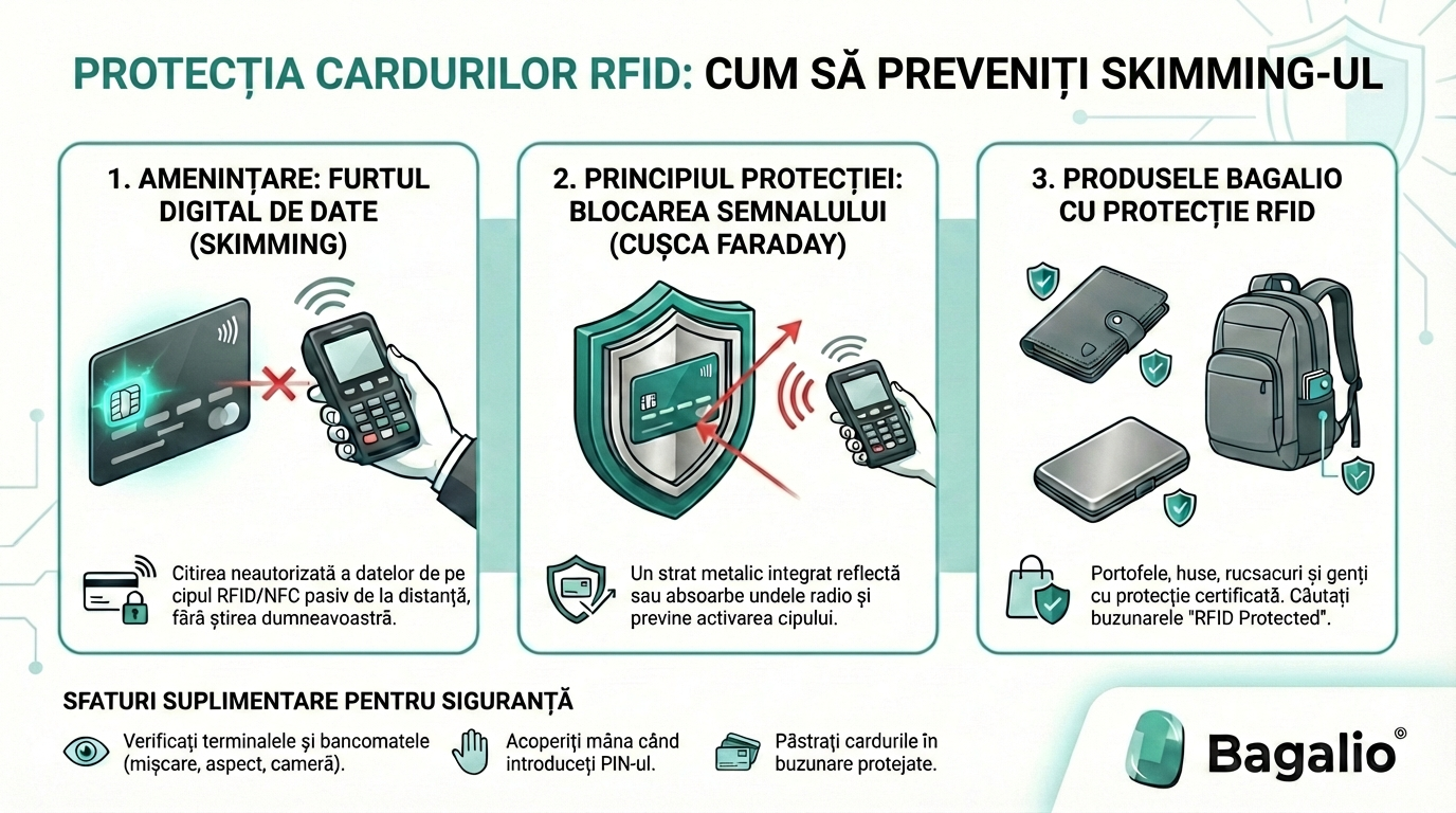 Infografic despre protecția cardurilor RFID și prevenirea skimming-ului de la Bagalio.