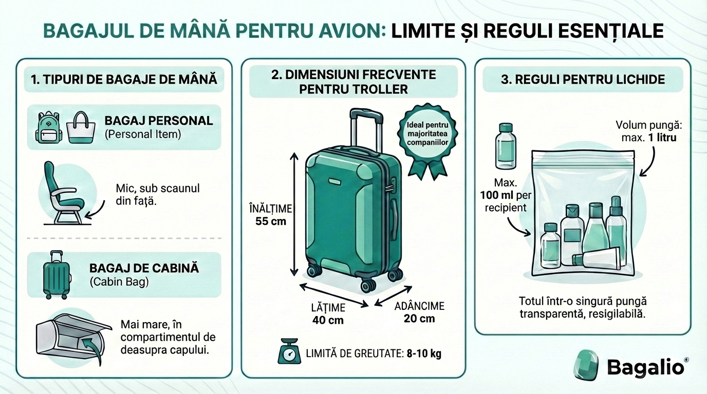 Infografic: Dimensiunile bagajului de mână și regulile pentru lichide în avion.