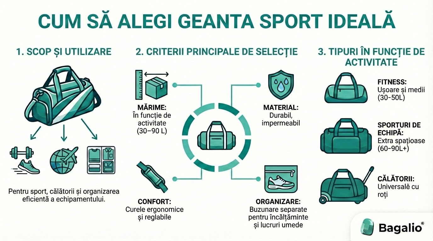 Infografic: Cum să alegi geanta sport ideală în funcție de scop, mărime și material.